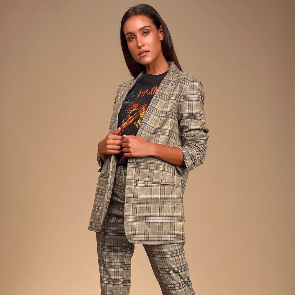 LuLu's Coffee Dates Light Brown Plaid Ruched Sleeve Blazer, Women's Size Medium